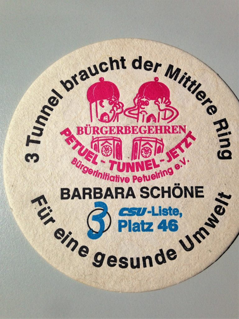 Bierdeckel des Bürgerbegehren Petuel Tunnel von Barbara Schöne, Stadträtin a.D.