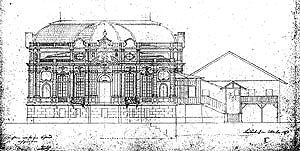 Plan für die Westfassade von 1873 nach der Steinummantelung (Bauphase 4) mit dem noch bestehenden Königshäuschen